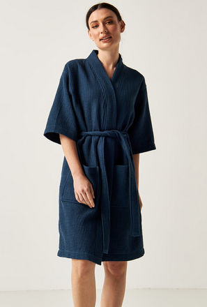 Waffle Textured Bathrobe with Pockets and Tie-Up Belt