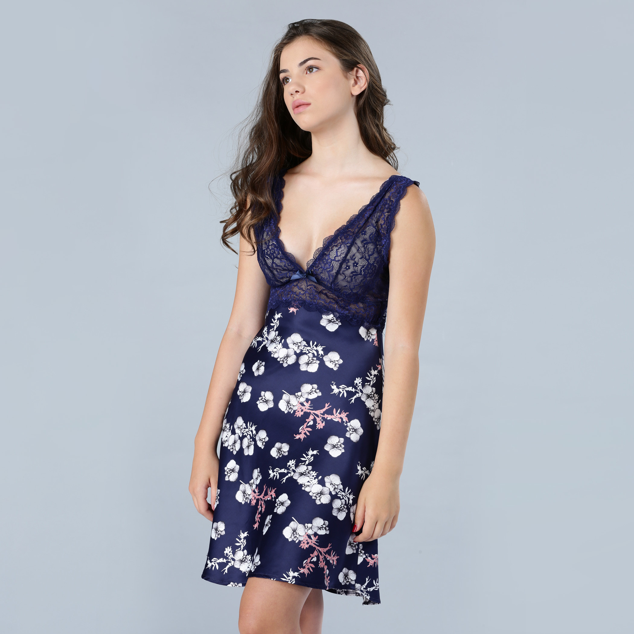 Shop Floral Print V Neck Nightdress with Lace Detailing Online Max Bahrain