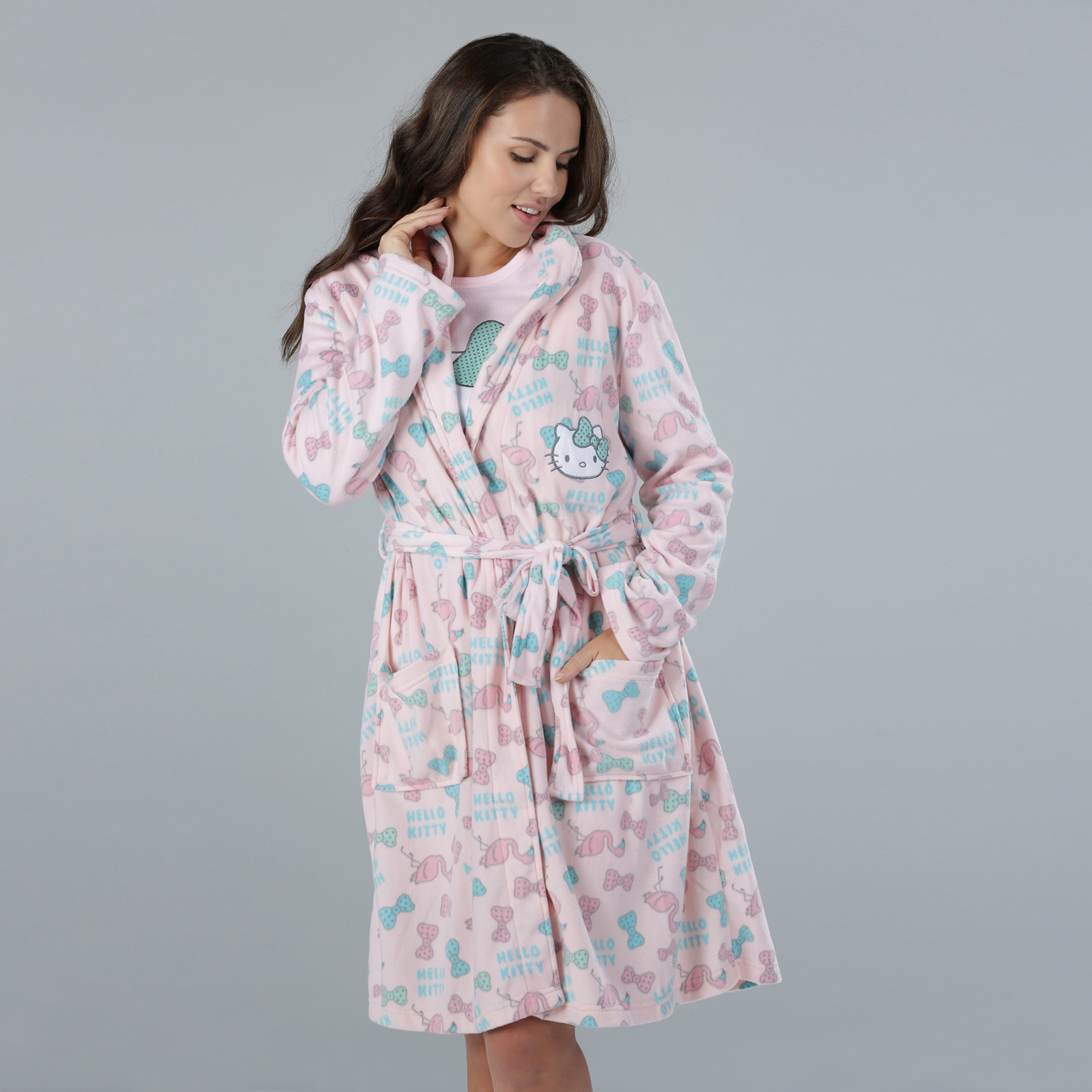 Shop Hello Kitty Long Sleeves Midi Night Robe with Tie Ups Online