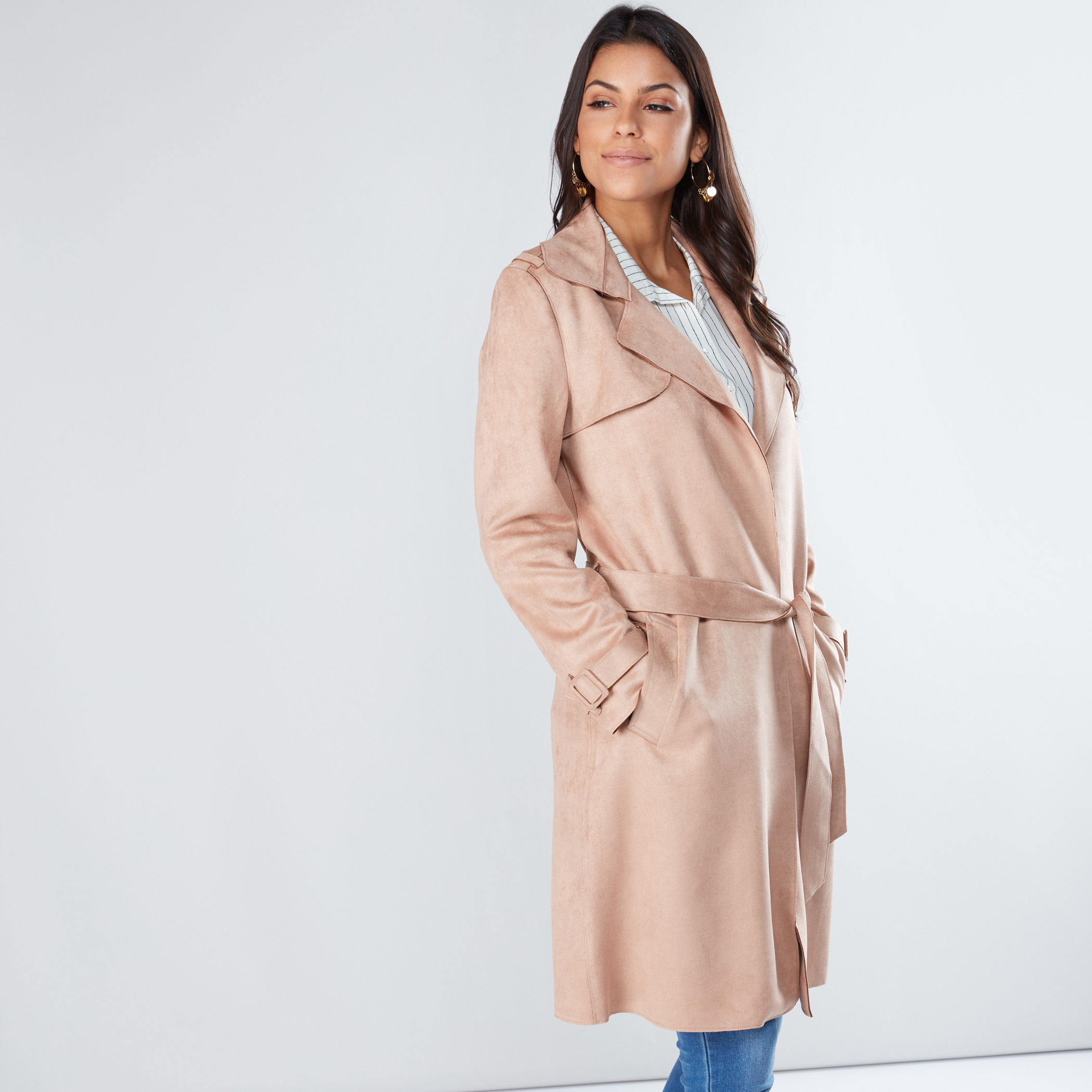 Textured Trench Coat with Long Sleeves 