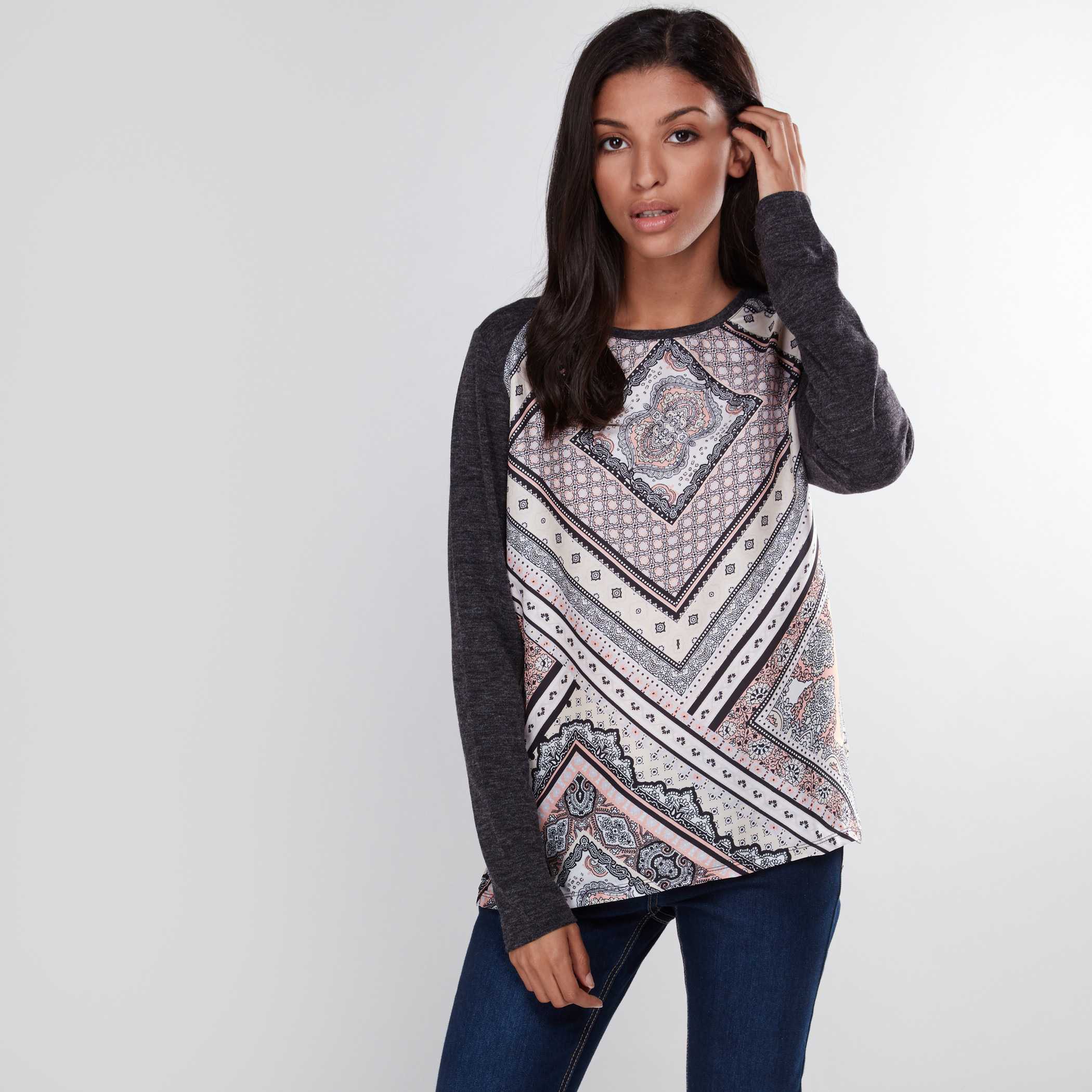 Shop Printed T Shirt with Round Neck and Long Sleeves Online Max Bahrain