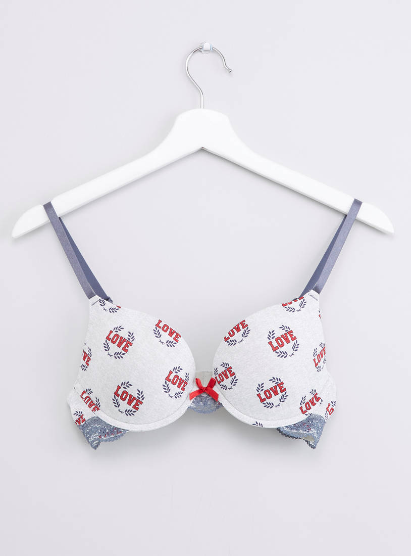 Shop Printed Plunge Bra with Hook and Eye Closure and Adjustable Straps  Online