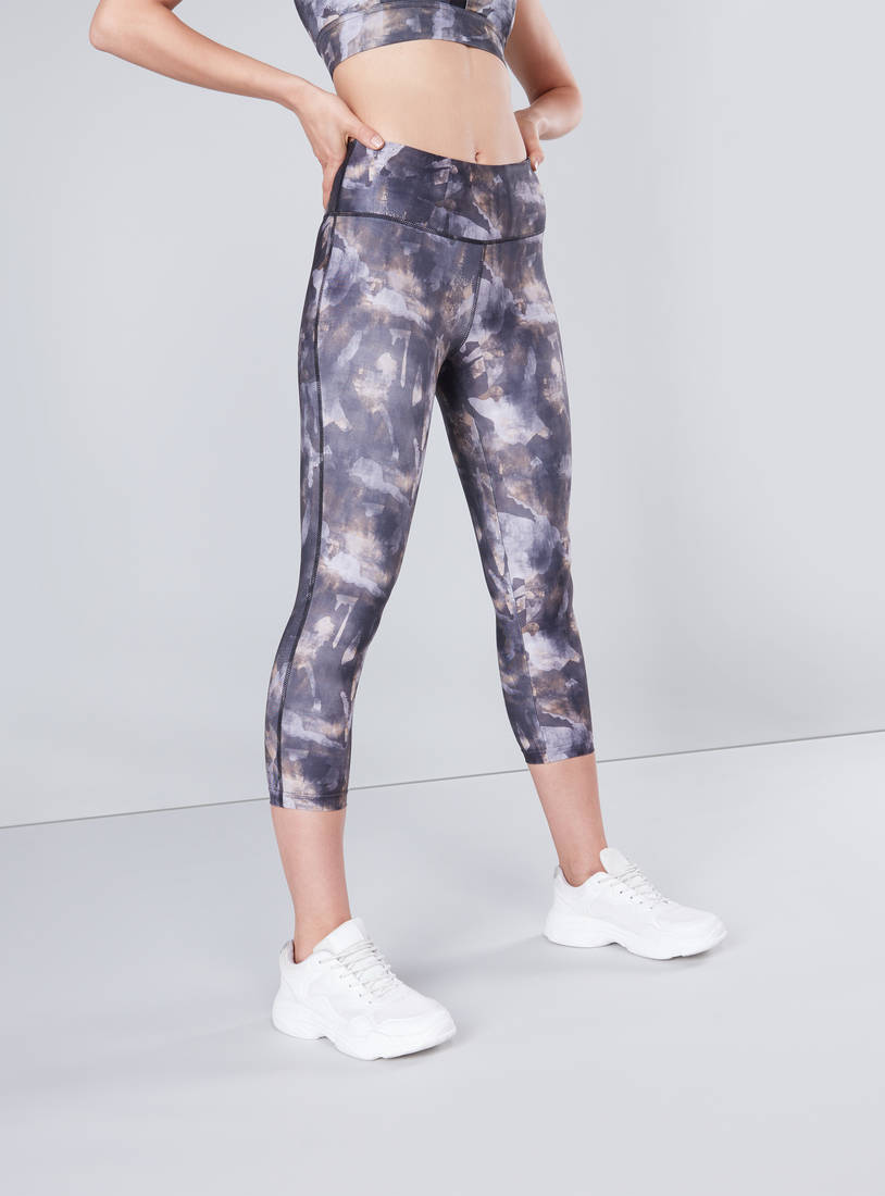 Shop Slim Fit Printed Capri Leggings with Elasticated Waistband Online