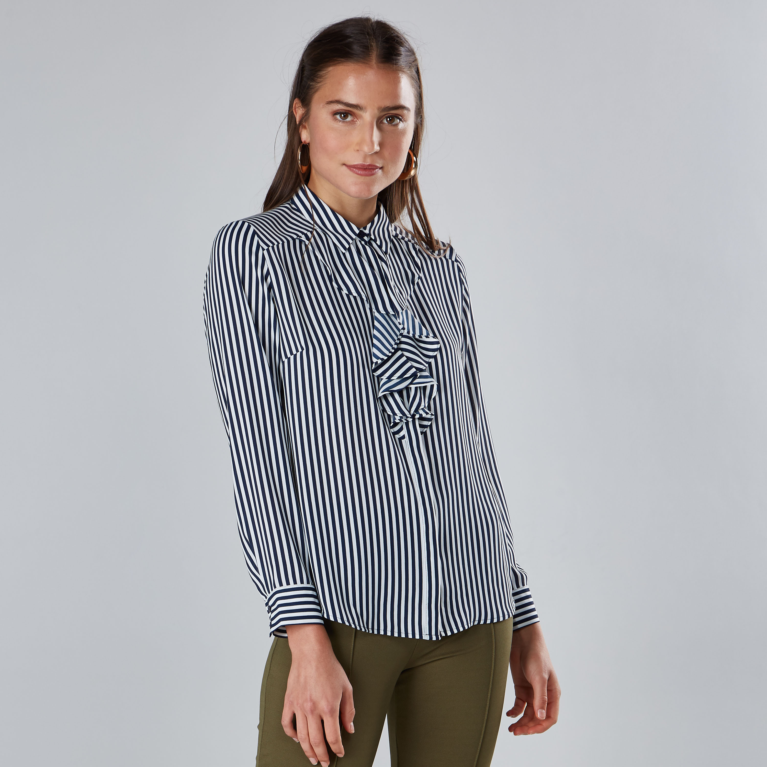 Shop Striped Shirt with Long Sleeves and Ruffle Detail