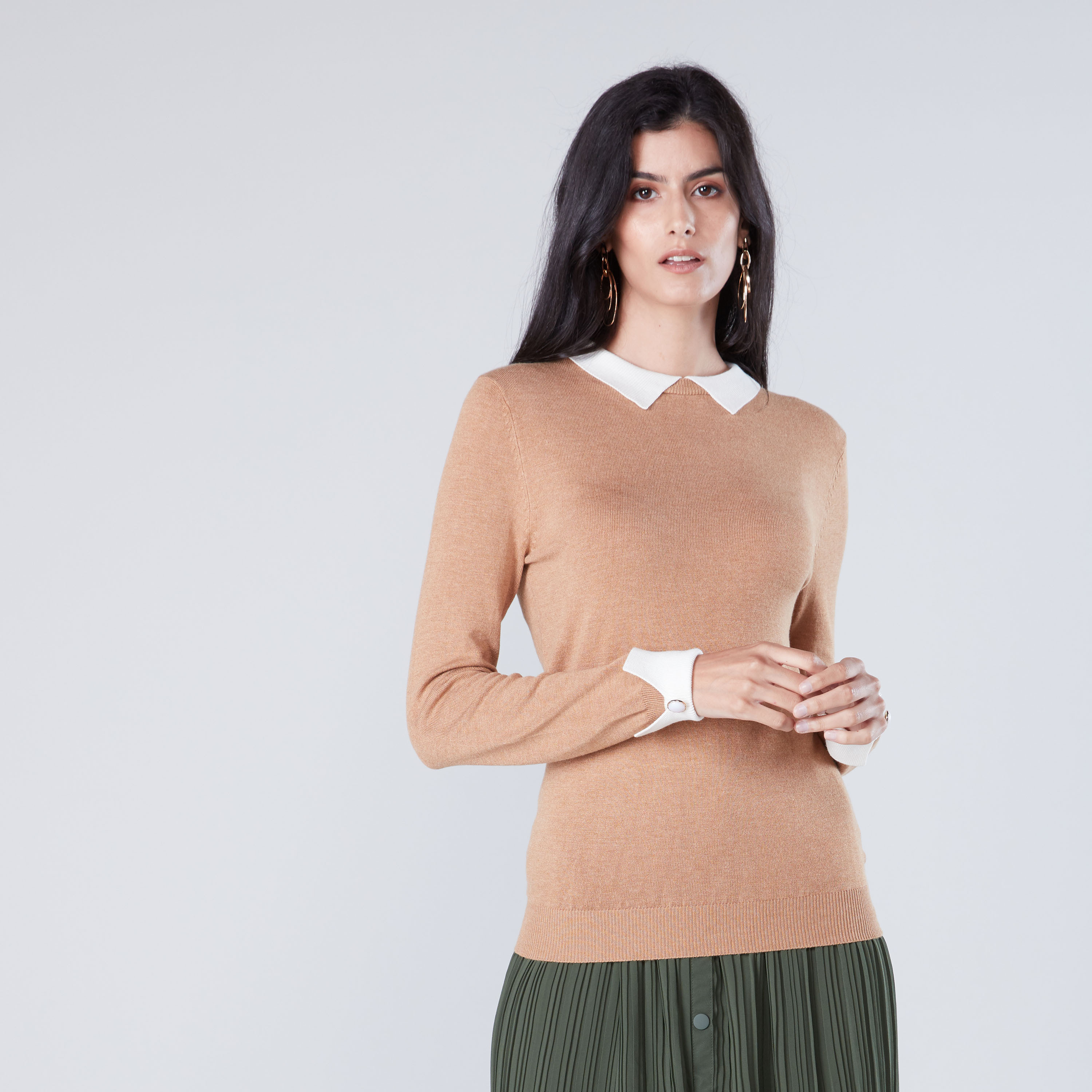 Shop Sweater with Collar and Long Sleeves Online Max Kuwait