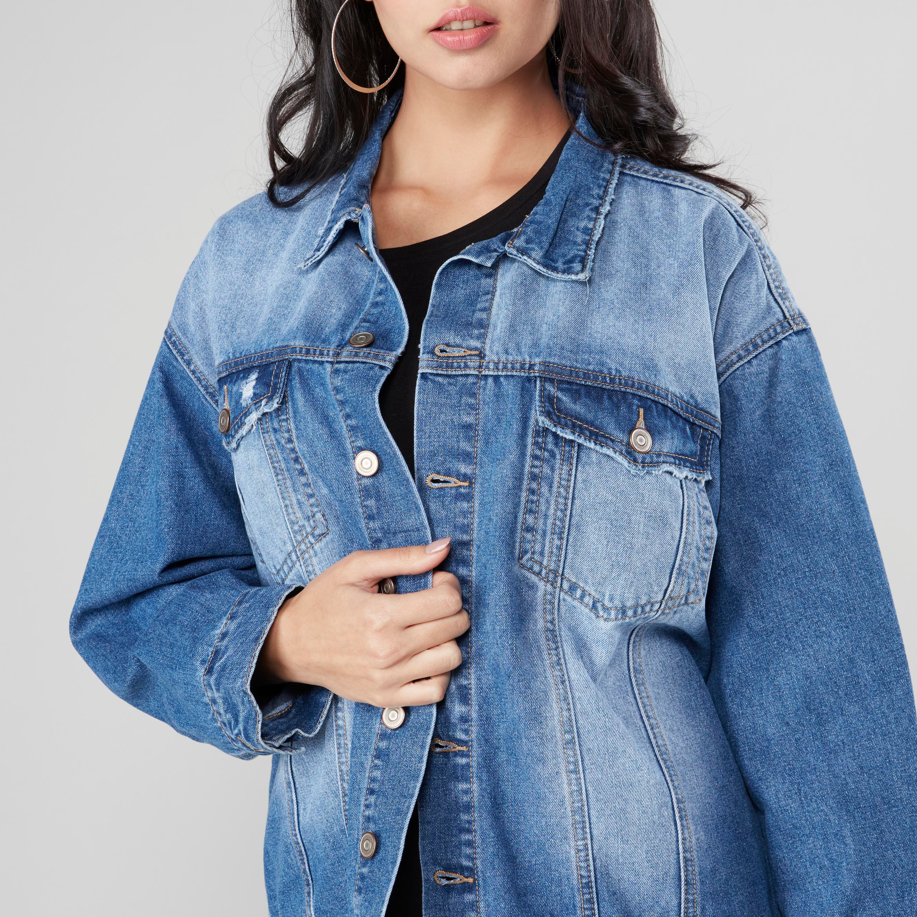 Oversized distressed denim outlet jacket plus size