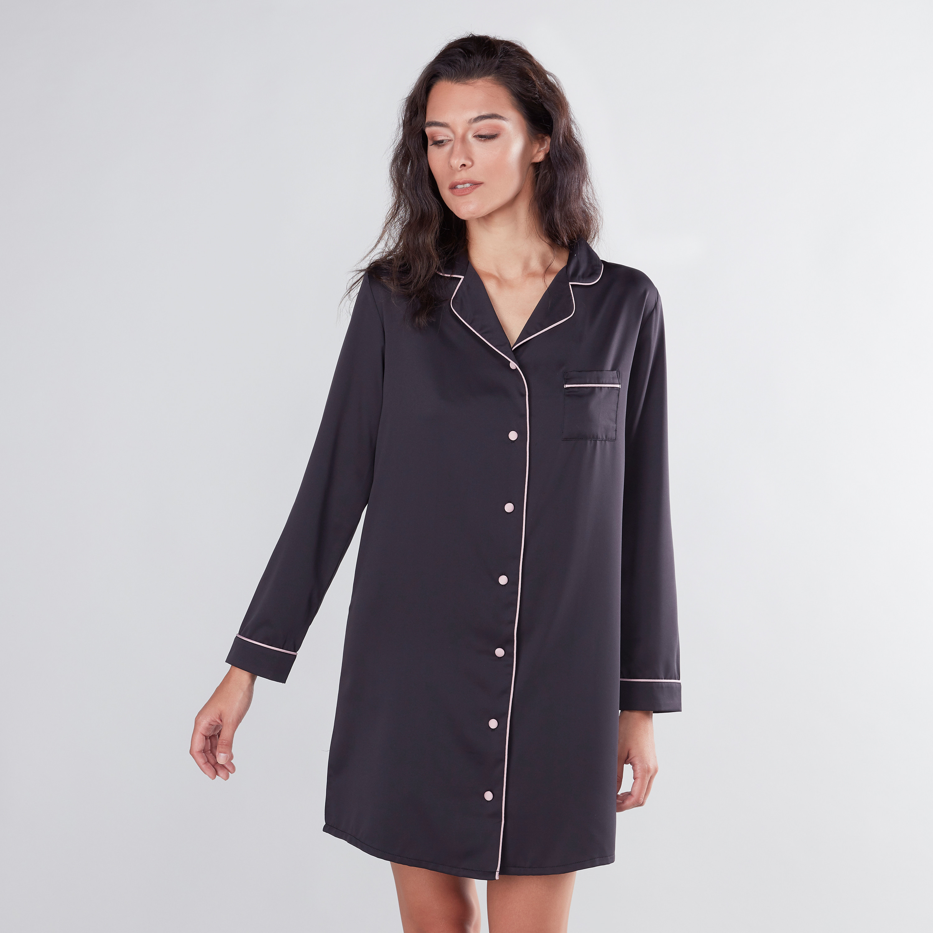 Shop Collared Sleep Shirt Dress with Long Sleeves and Chest Pocket