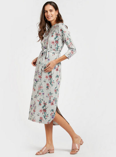Maternity Floral Print A-line Midi Dress with 3/4 Sleeves and Tie-Ups