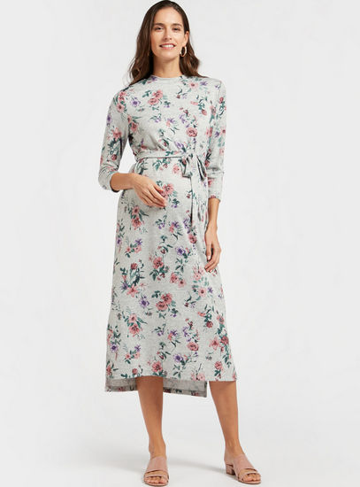 Maternity Floral Print A-line Midi Dress with 3/4 Sleeves and Tie-Ups