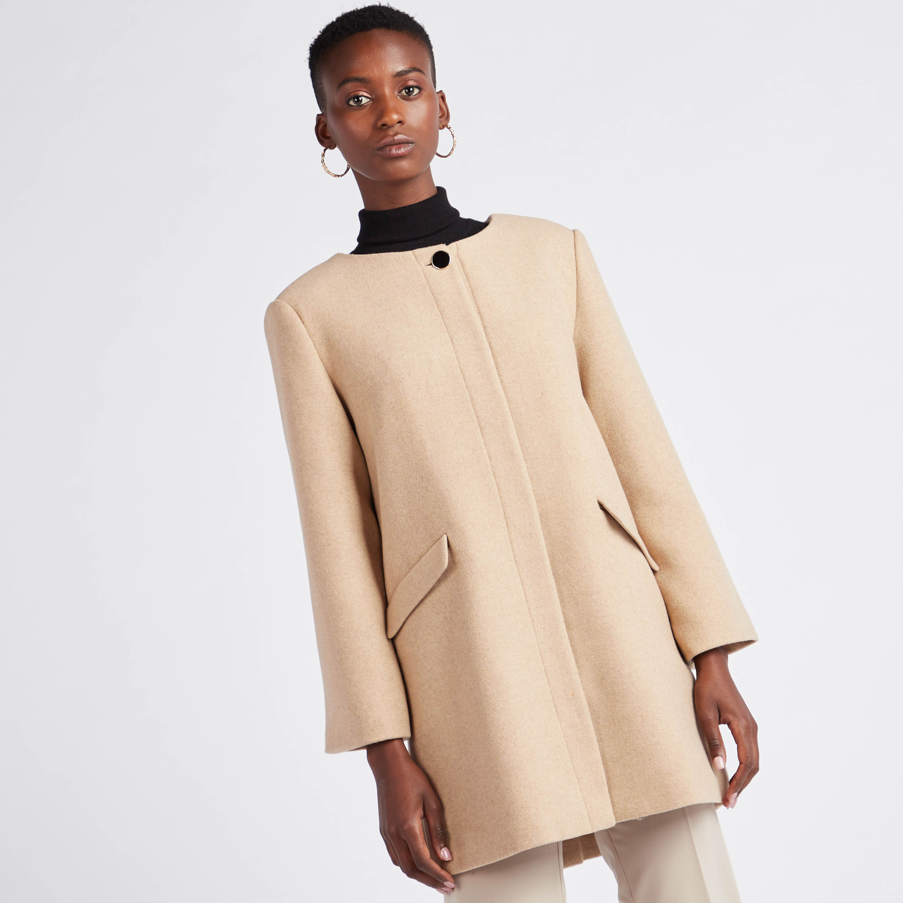 Shop Solid Round Neck Overcoat with Long Sleeves and Button