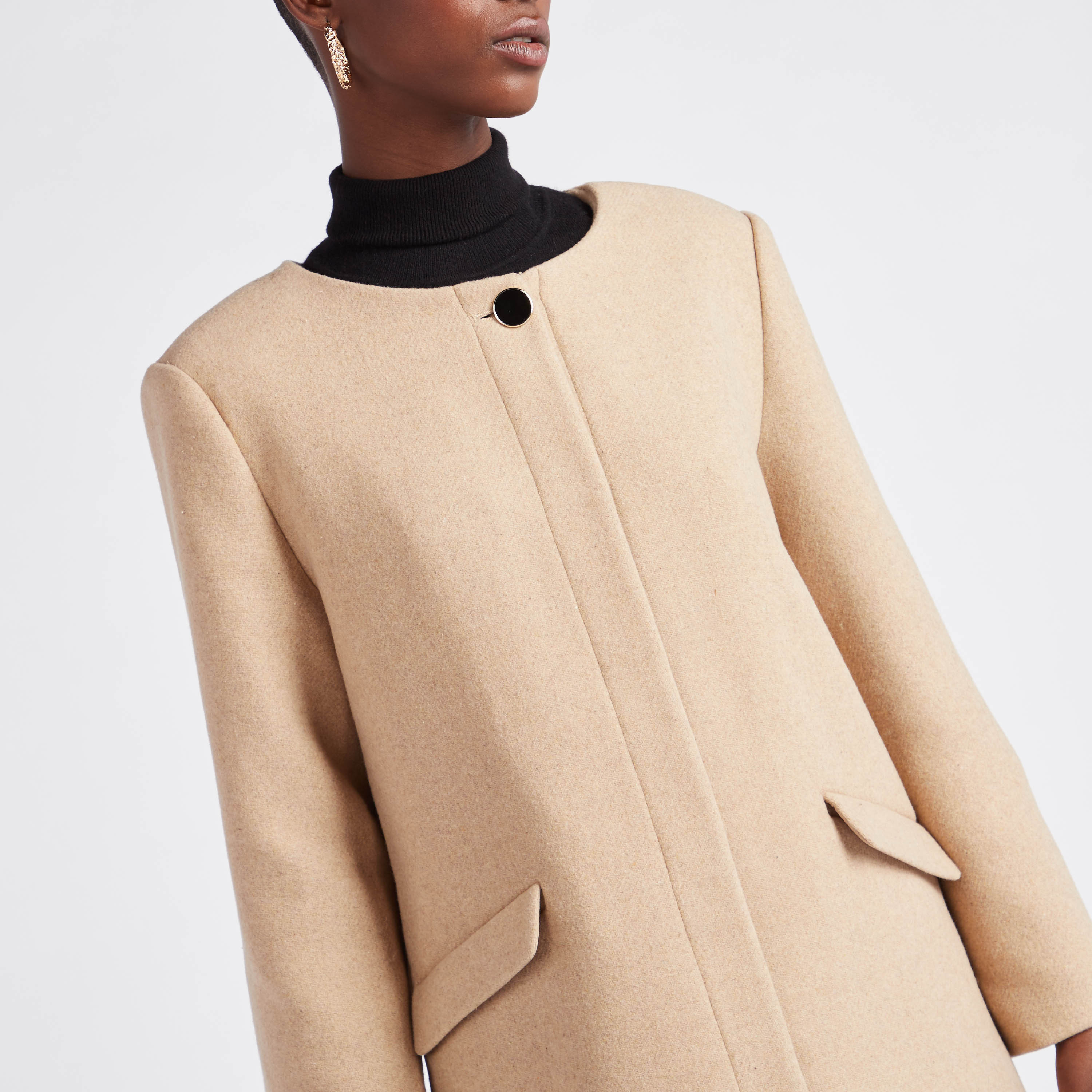 Shop Solid Round Neck Overcoat with Long Sleeves and Button