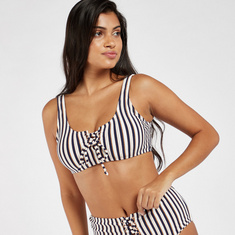 Striped Scoop Neck Padded Crop Top with Tie-Up Closure