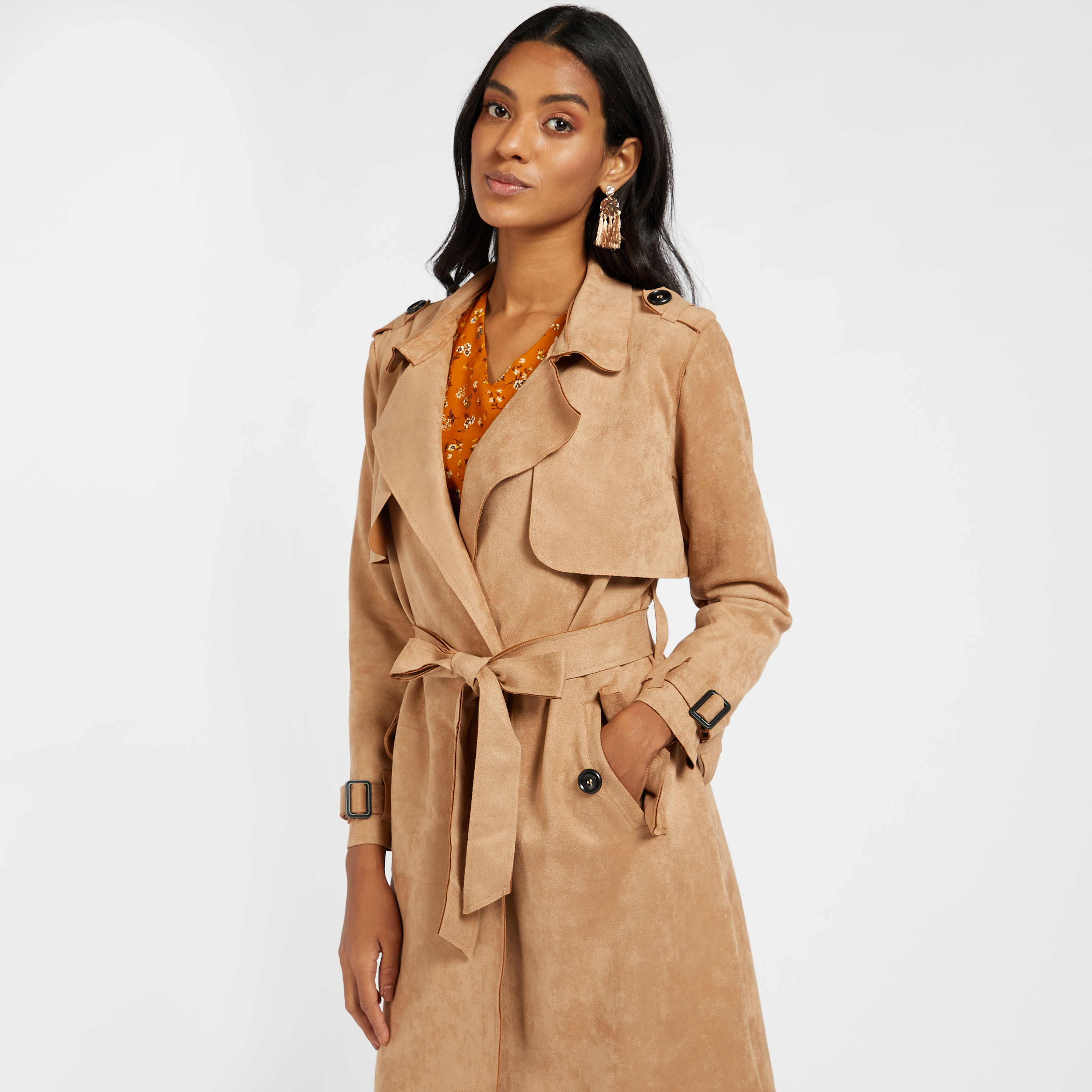 Camel suede deals trench coat