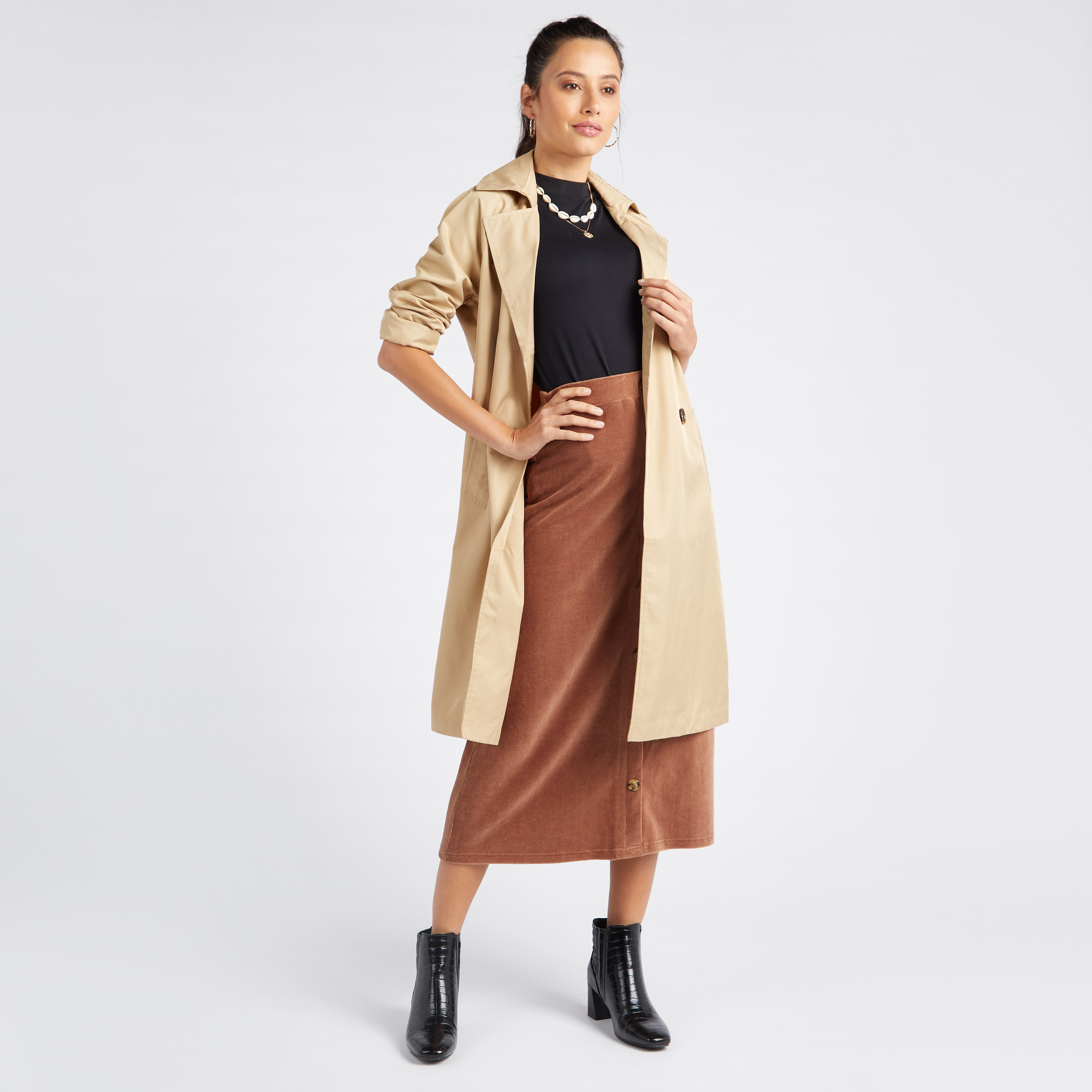 スカート LENINA MEROY corduroy mid skirt_2colors Shop Textured Midi Corduroy A-line Skirt with Button Placket