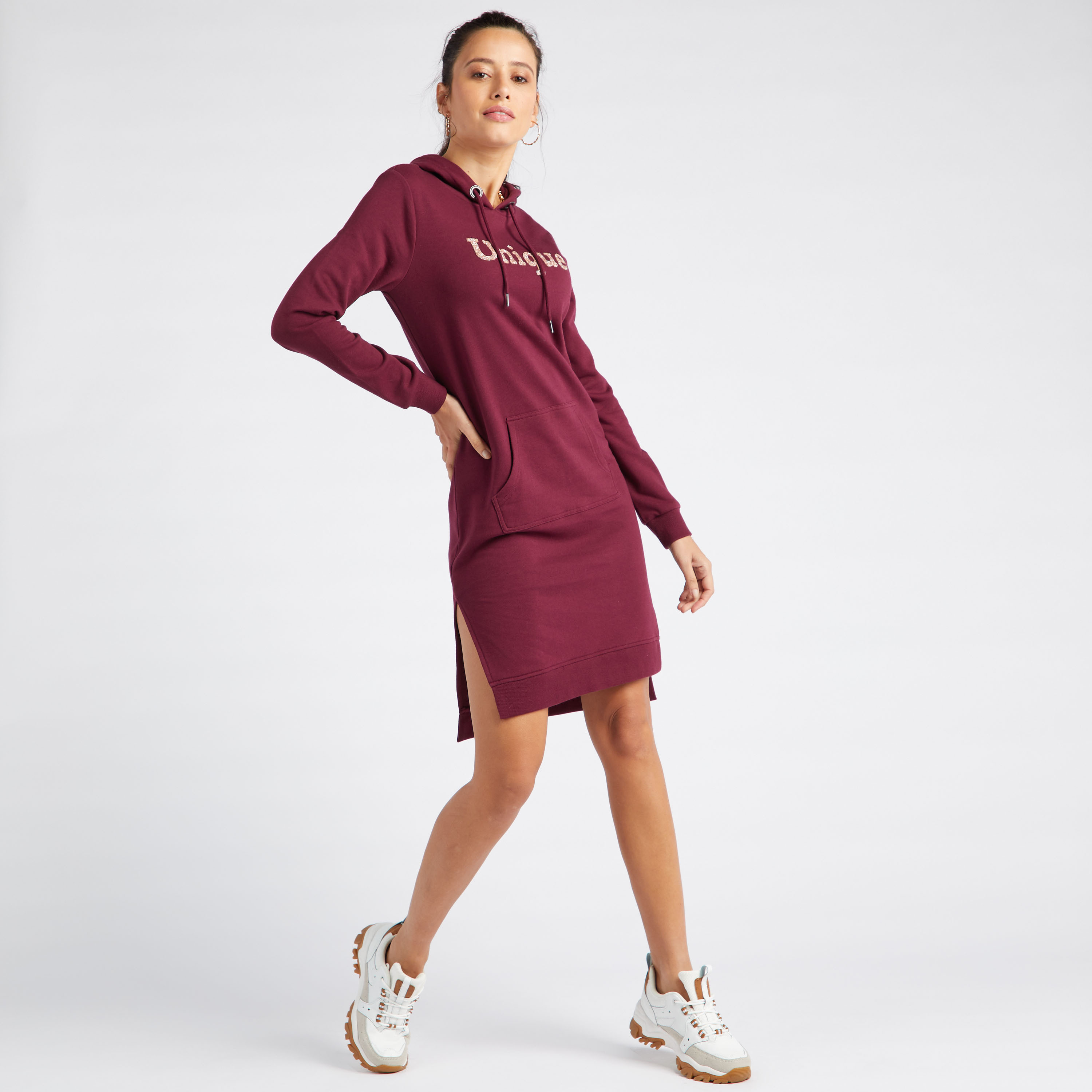 Shop Embellished Bodycon Dress with Long Sleeves and Drawstring Hood Online Max UAE