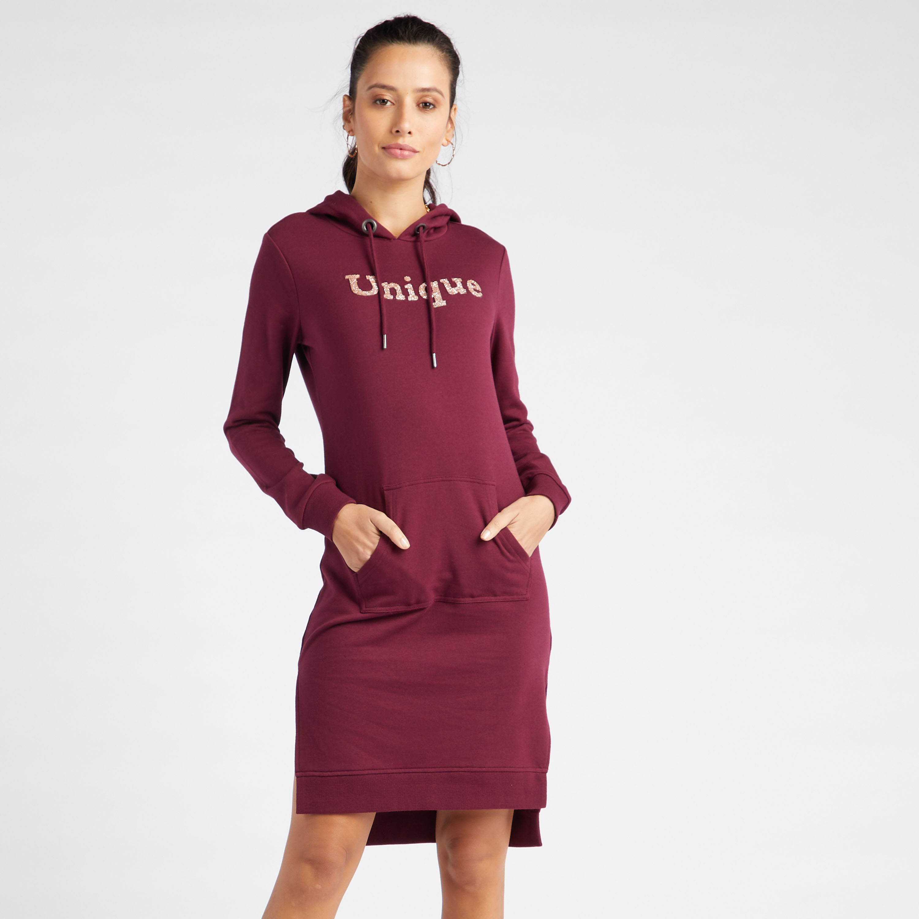 Shop Embellished Bodycon Dress with Long Sleeves and Drawstring Hood Online Max UAE