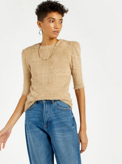 Solid Cozy Fur Top with Round Neck and Elbow Length Sleeves-Sweaters & Cardigans-image-0