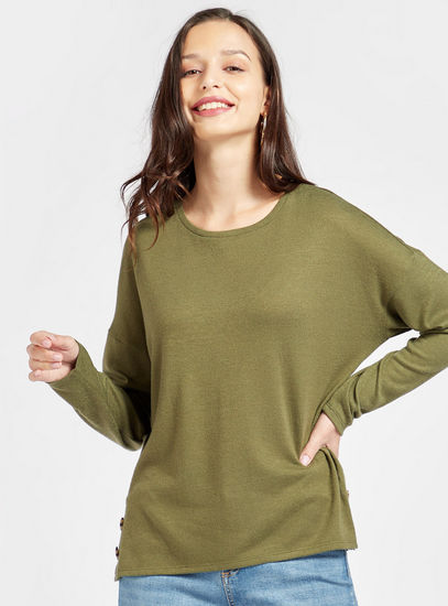 Solid Boxy Top with Long Sleeves and Button Detail-Sweaters & Cardigans-image-0