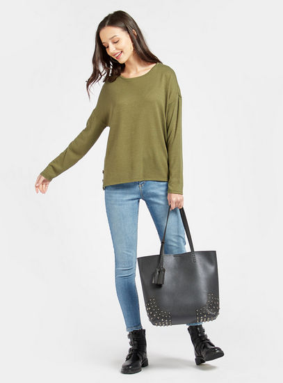 Solid Boxy Top with Long Sleeves and Button Detail-Sweaters & Cardigans-image-1