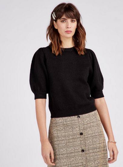 Textured Round Neck Sweater with Short Volume Sleeves-Sweaters & Cardigans-image-0