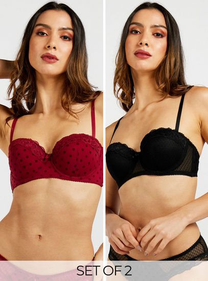 Set of 2 - Assorted Padded Underwired Balconette Bra with Hook and Eye Closure