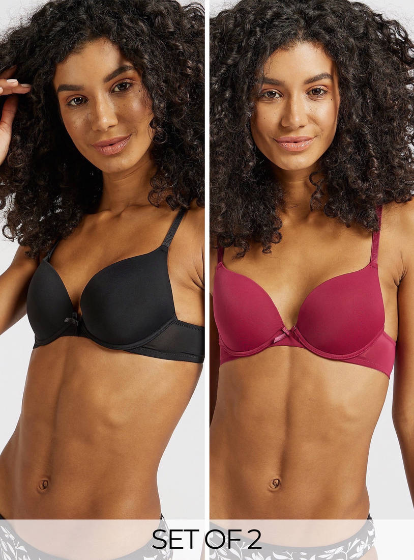 Set of 2 - Solid Plunge Bra with Adjustable Straps ​and Bow Accent-Bras-image-0