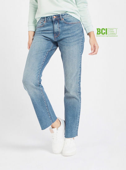 Solid BCI Cotton Mid-Rise Denim Jeans with Pockets and Button Closure
