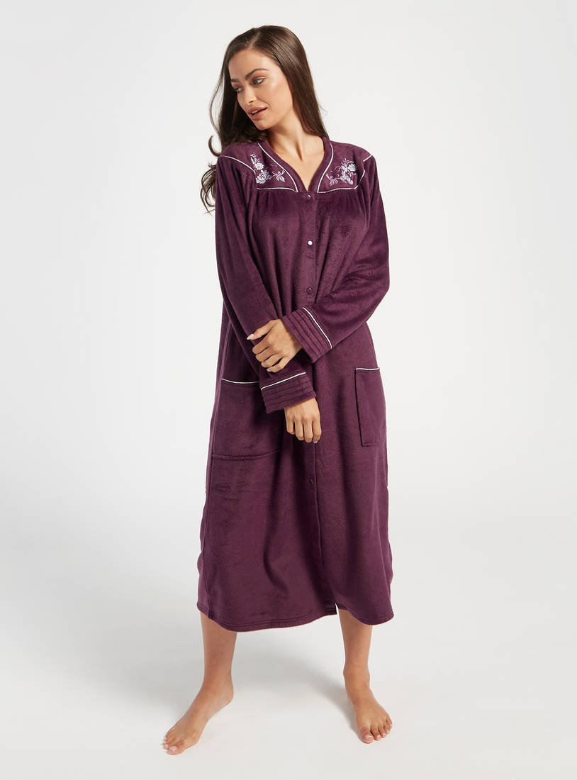 Textured Sleep Gown with Pockets and Embroidery Detail-Sleepshirts & Gowns-image-0