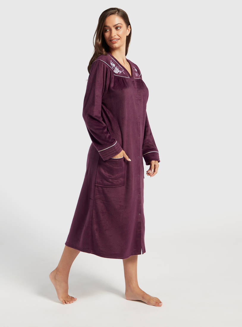 Textured Sleep Gown with Pockets and Embroidery Detail-Sleepshirts & Gowns-image-1