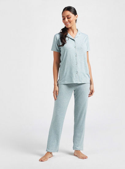 Solid Short Sleeves Shirt and Full Length Pyjama Set