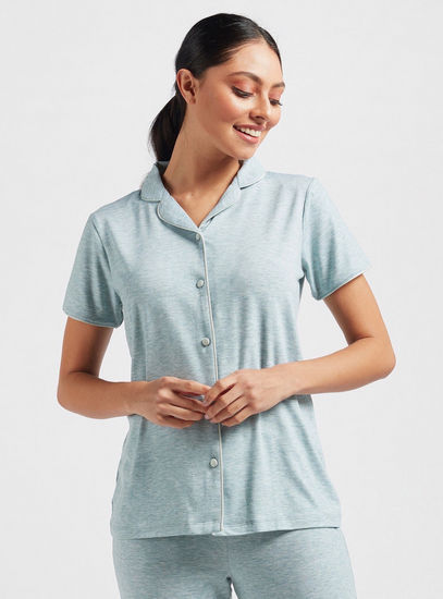 Solid Short Sleeves Shirt and Full Length Pyjama Set