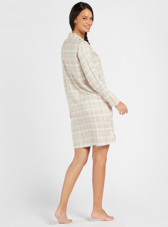 Checked Collared Sleepshirt with Long Sleeves