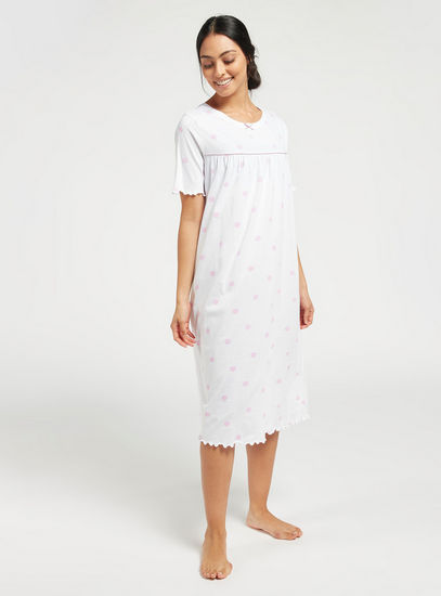 Polka Dot Print Sleepshirt with Round Neck and Short Sleeves