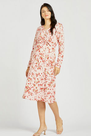 Floral Print Maternity A-line Dress with Tie-Up Belt