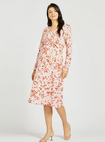 Floral Print Maternity A-line Dress with Tie-Up Belt