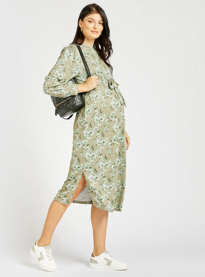 All-Over Floral Print Midi A-line Dress with Long Sleeves and Side Slit