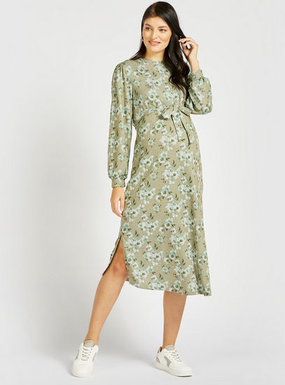 All-Over Floral Print Midi A-line Dress with Long Sleeves and Side Slit
