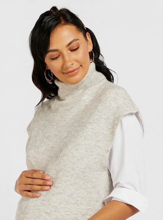 Textured Maternity Sleeveless Sweater with Turtle Neck