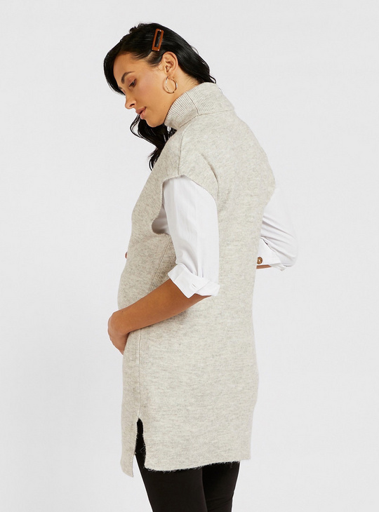 Textured Maternity Sleeveless Sweater with Turtle Neck
