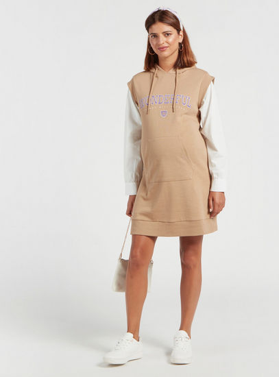 Typographic Print Maternity Longline Hoodie with Long Sleeves-Hoodies & Sweatshirts-image-0