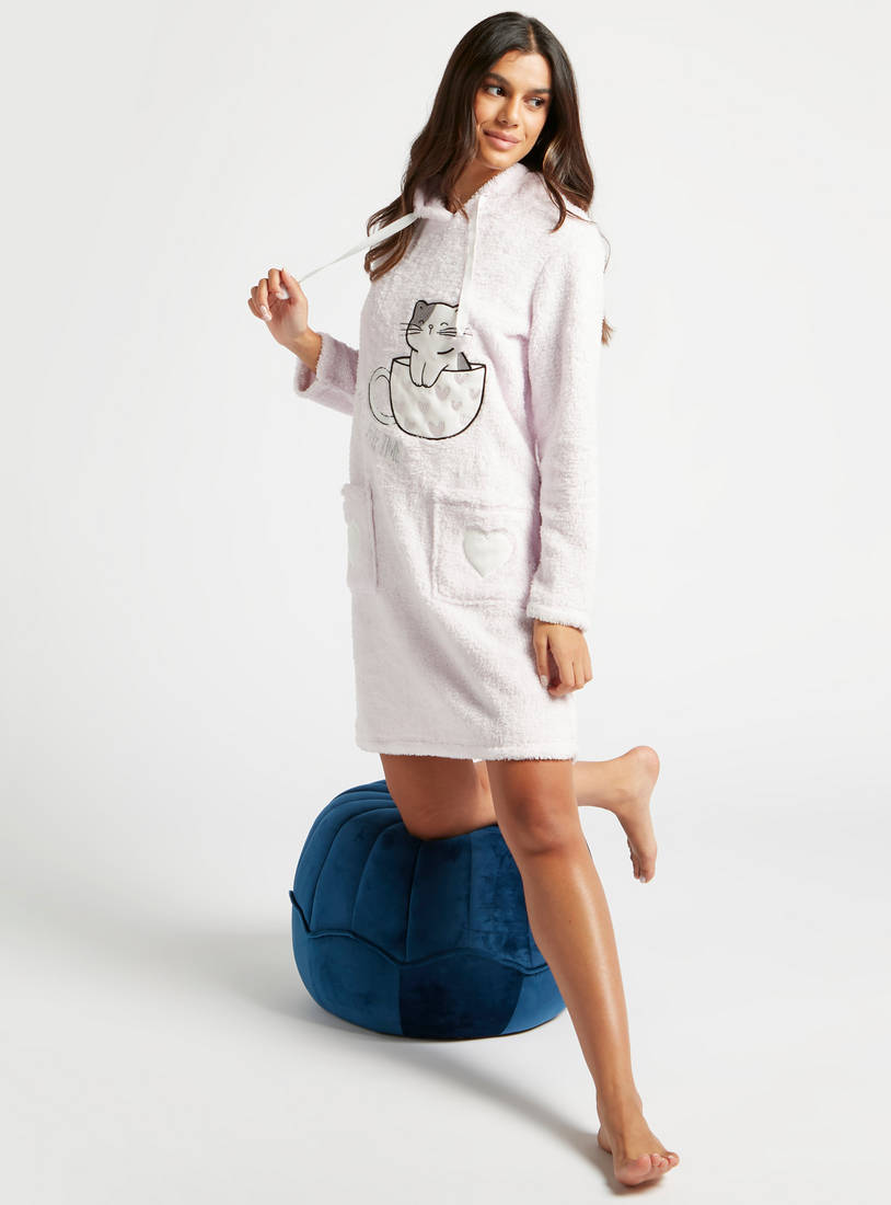 Textured Sleep Dress with Long Sleeves and Hood-Sleepshirts & Gowns-image-1