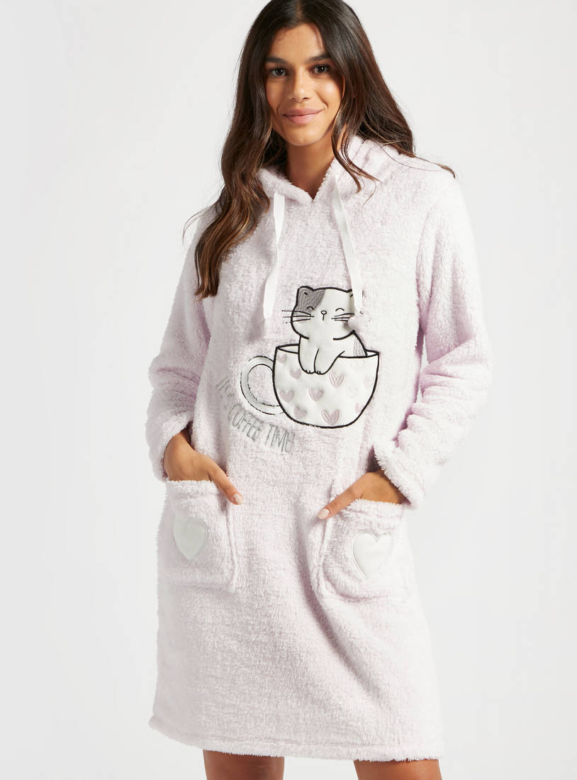 Textured Sleep Dress with Long Sleeves and Hood-Sleepshirts & Gowns-image-0
