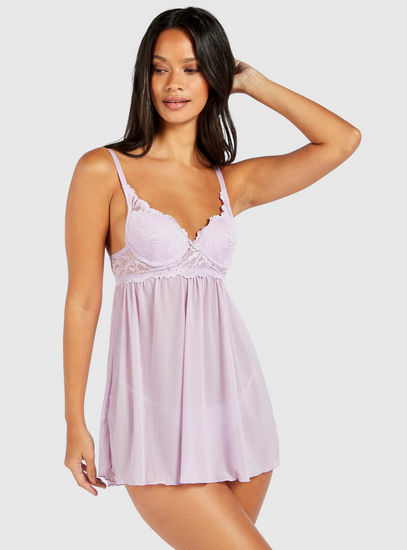 Mesh Lace Detail Babydoll with Hook and Eye Closure