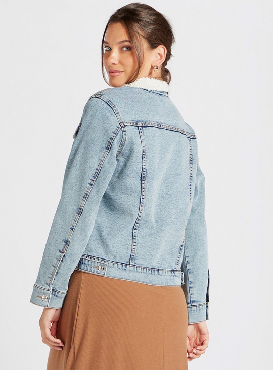 Solid Denim Jacket with Long Sleeves and Button Closure