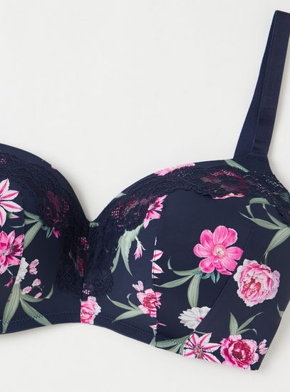Floral Print Padded Bra with Adjustable Straps and Hook and Eye Closure