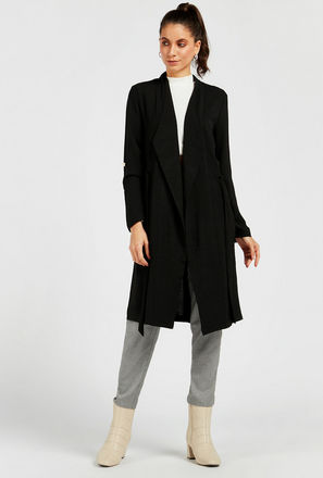 Solid Longline Jacket with Long Sleeves and Tie-Up Belt