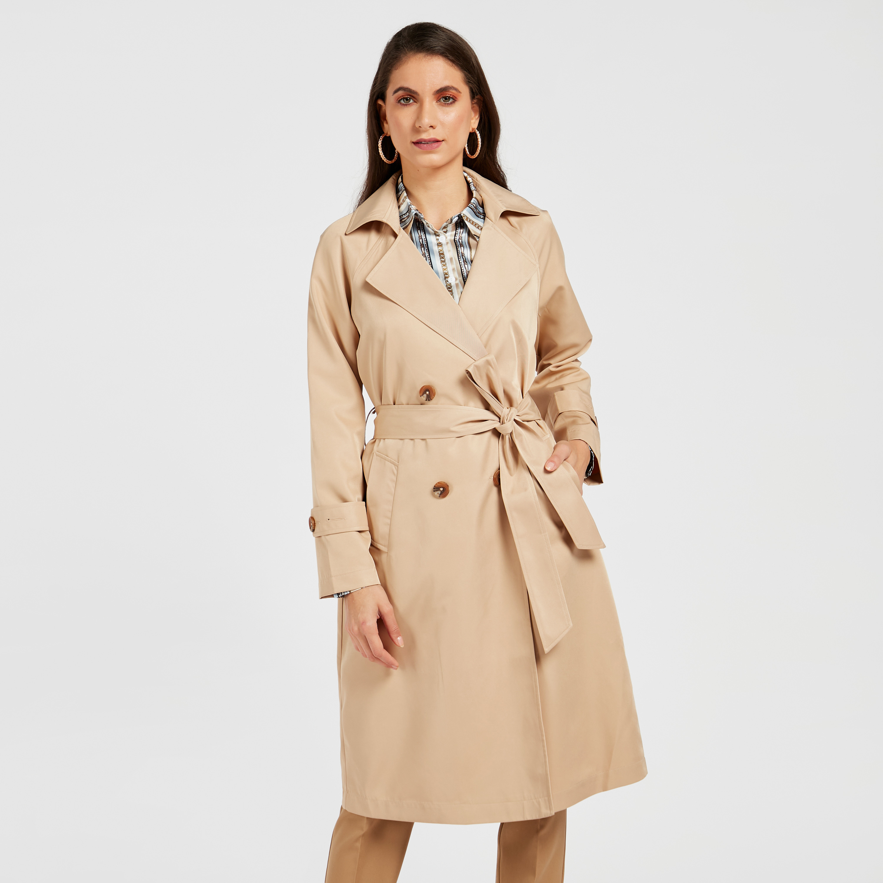 Solid Trench Coat with Long Sleeves and Pockets