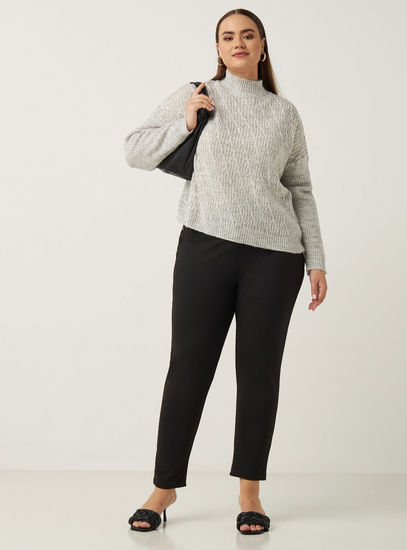 Solid Mid-Rise Ponte Pants with Button Detail and Elasticised Waistband