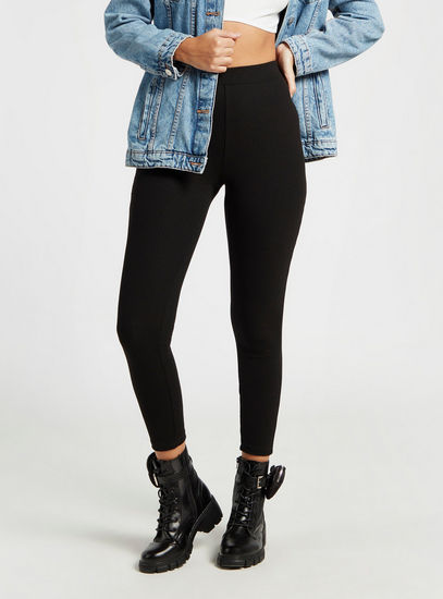 Textured Skinny Fit Mid-Rise Leggings with Elasticated Waistband