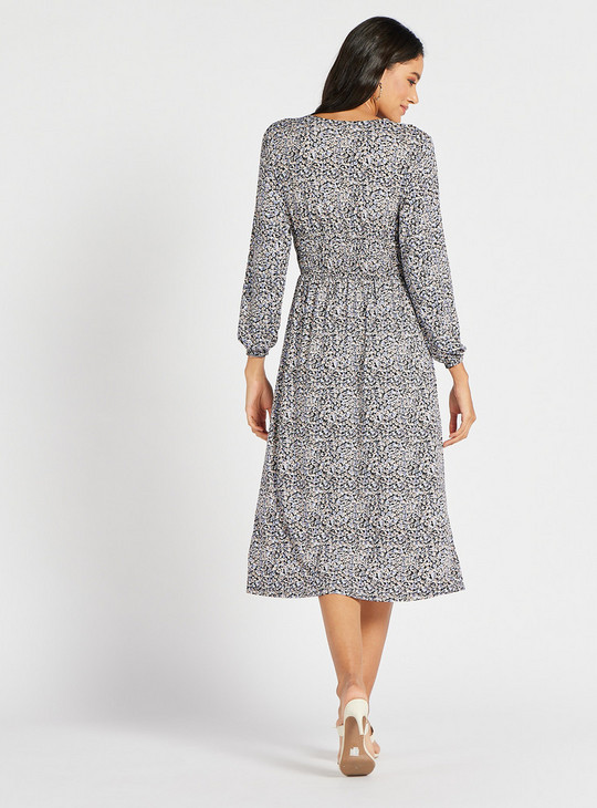 All-Over A-Line Midi Dress with Long Sleeves and Smocking Detail